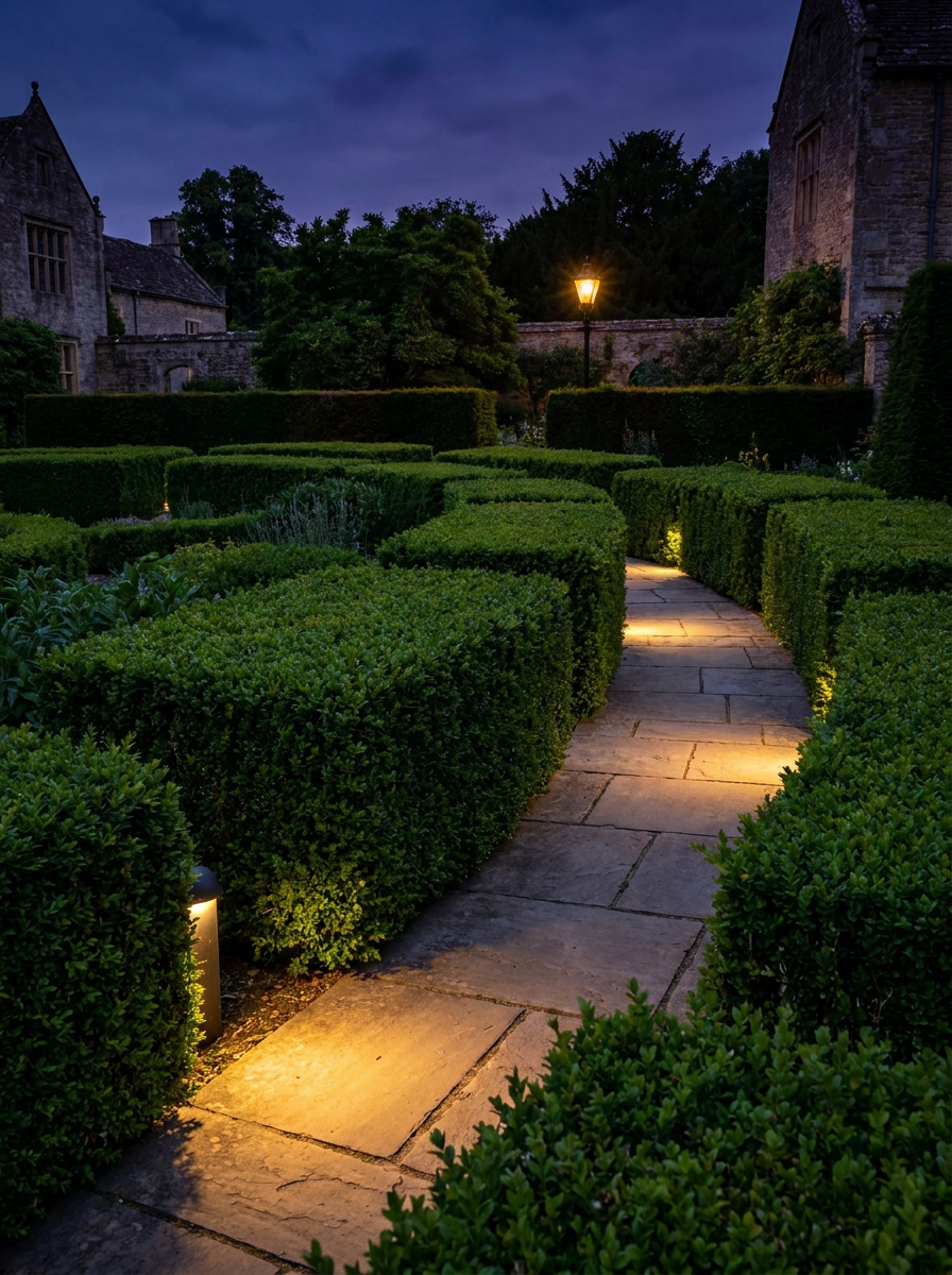 Sculpted boxwood hedges along a lit stone path at dusk