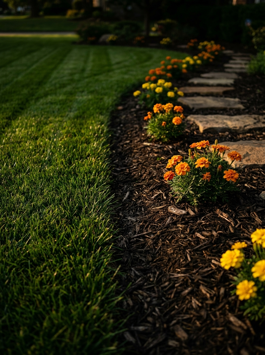 Crisp lawn edge against fresh mulch bed with marigolds