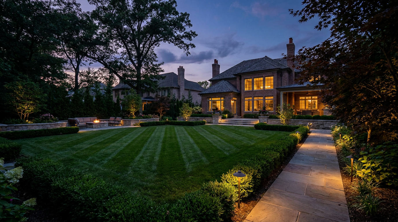 Manicured striped lawn and lit stone path at a Cincinnati home at dusk