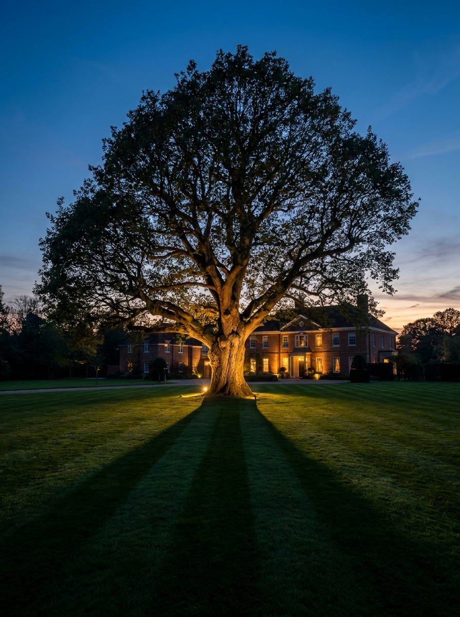 Cleanly pruned shade tree over a striped lawn at twilight