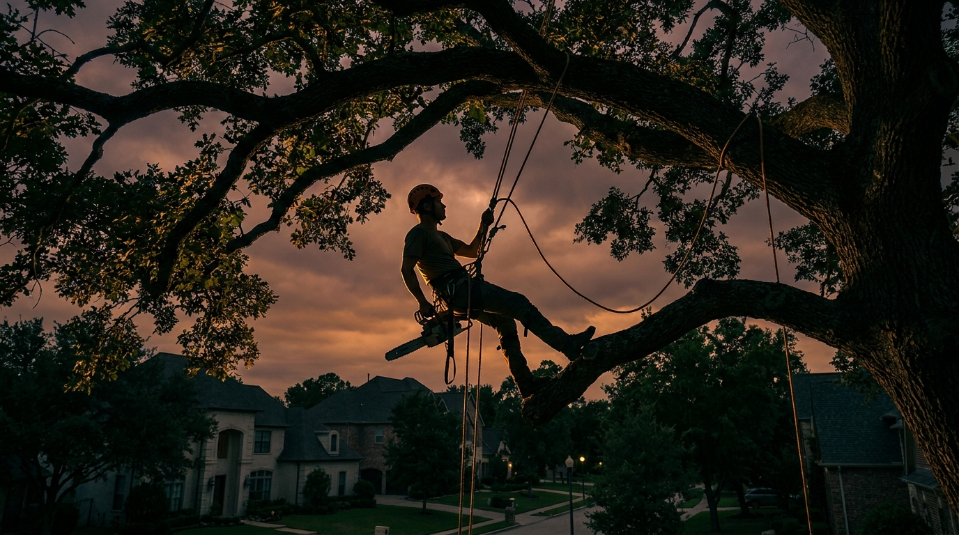 Arborist working high in a large oak tree at dusk